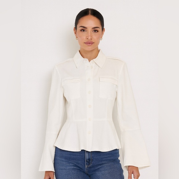 Scripted Ivory Denim Peplum Jacket with Bell Sleeves – Size Medium - Picture 1 of 10
